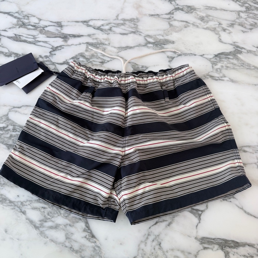 Prada UB378 Men's Large Navy Blue White striped technical fabric swim trunks
